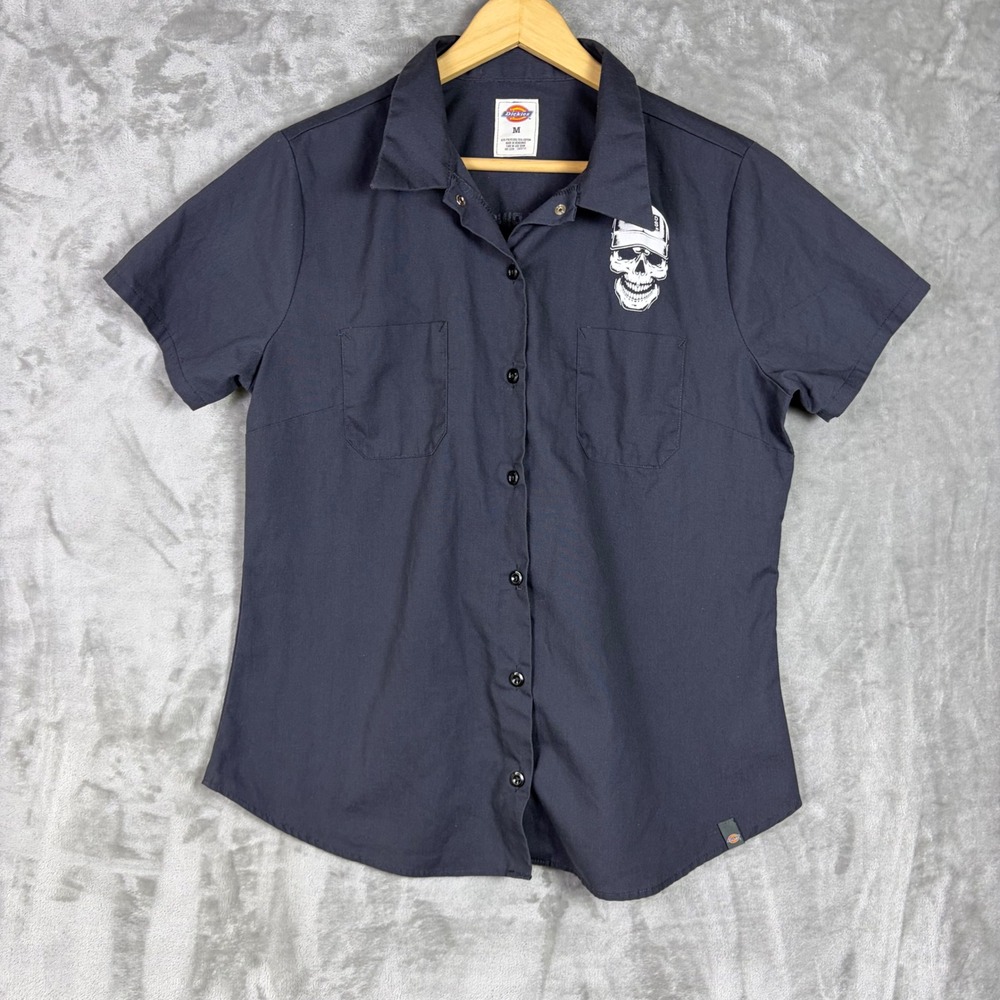 Dickies Work Shirt Biker Skull Medium Black Short Sleeve Womens Downed Bikers